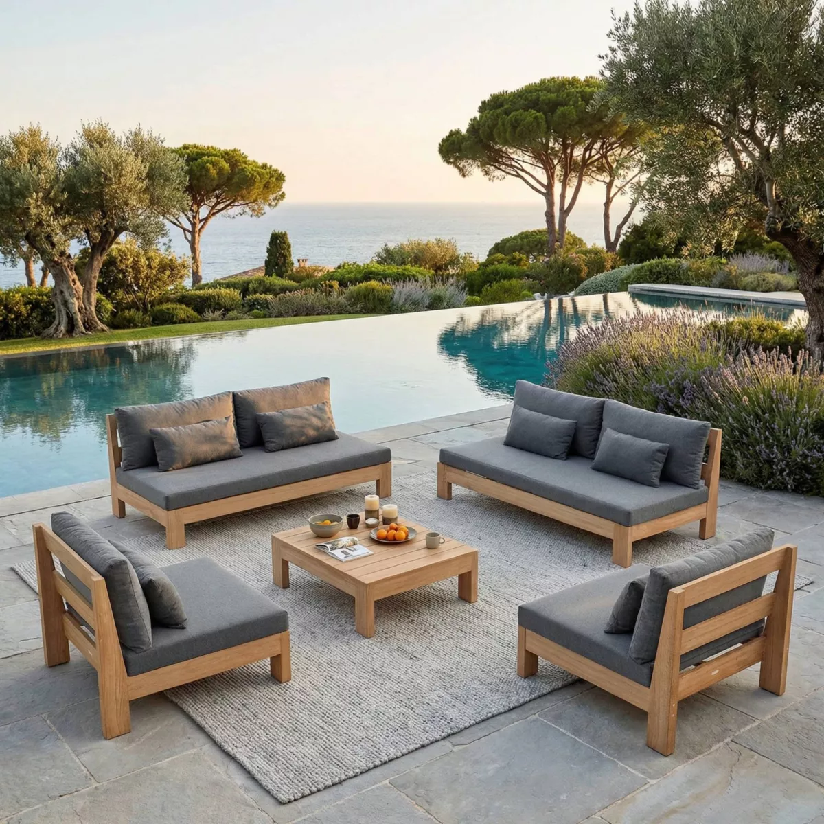 SALON DE JARDIN D'ANGLE BORNEO 8 PLACES STRUCTURE EN BOIS ET COUSSINS ANTHRACITE