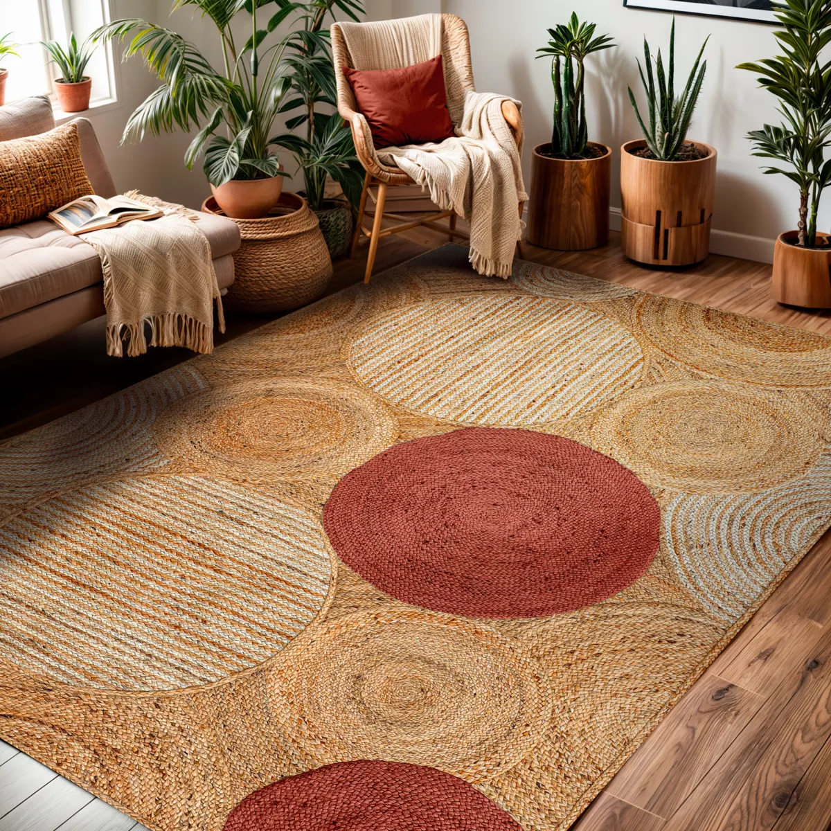 Tapis de salon rectangulaire jute tissée main (140 x 200 cm) Tara Terracotta