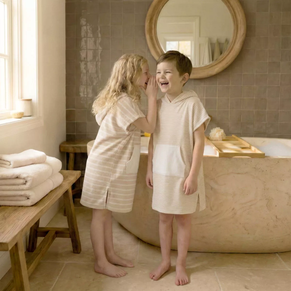 Poncho de bain enfant coton et éponge 6/10 ans Brume Beige