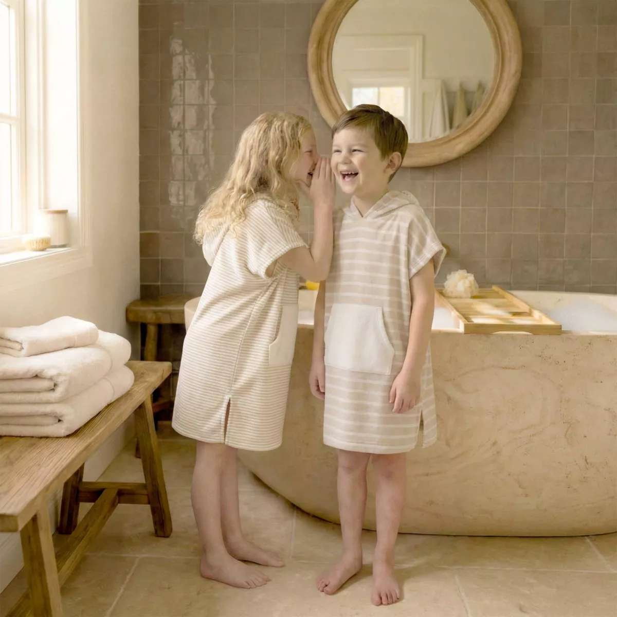 Poncho de bain enfant coton et éponge 2/5 ans Brume Beige