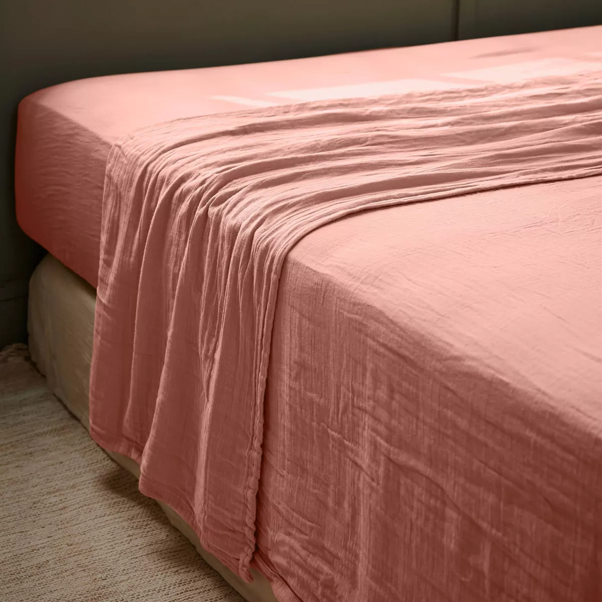 Drap plat gaze de coton (240 cm) Gaïa Rose pêche 1