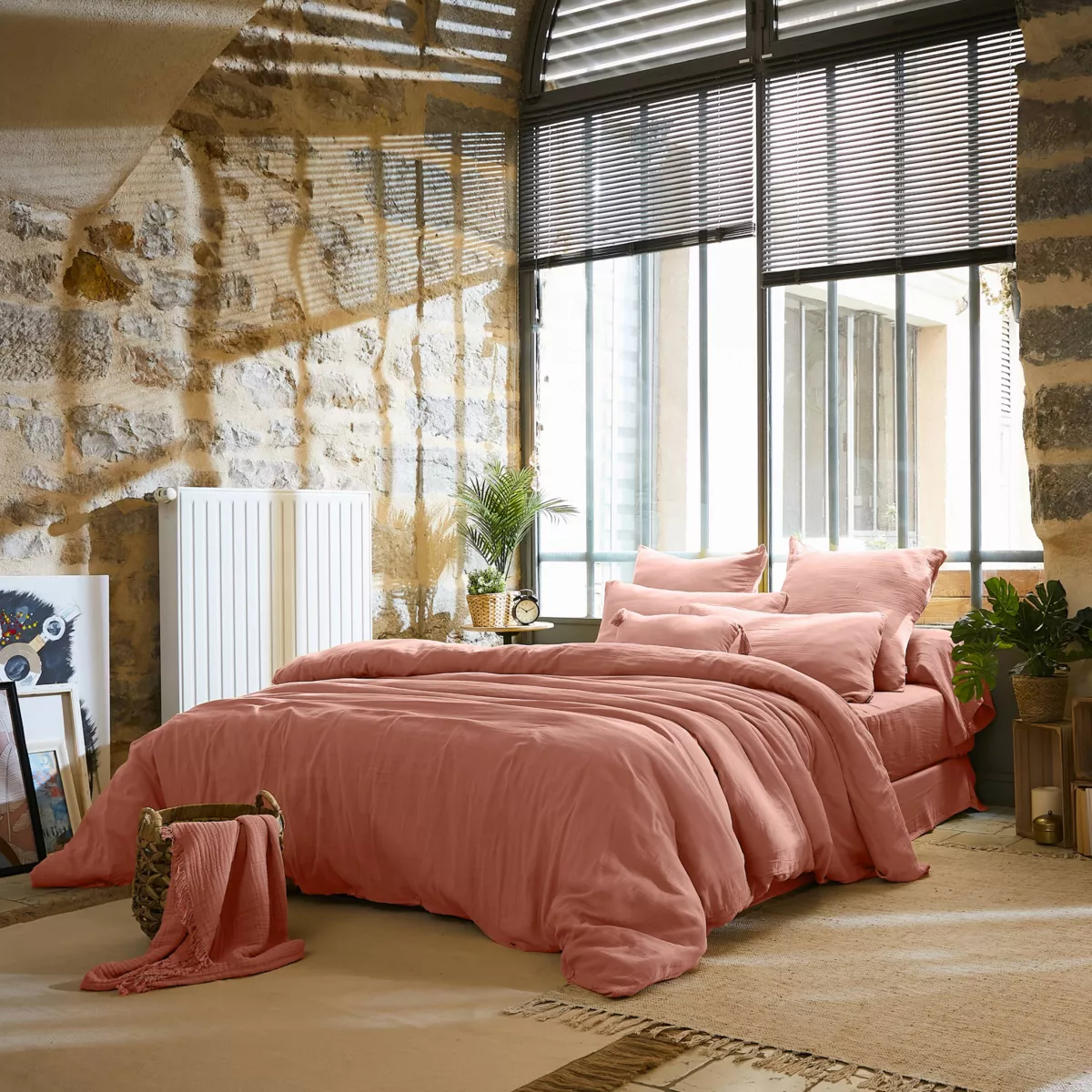 Drap plat gaze de coton (240 cm) Gaïa Rose pêche