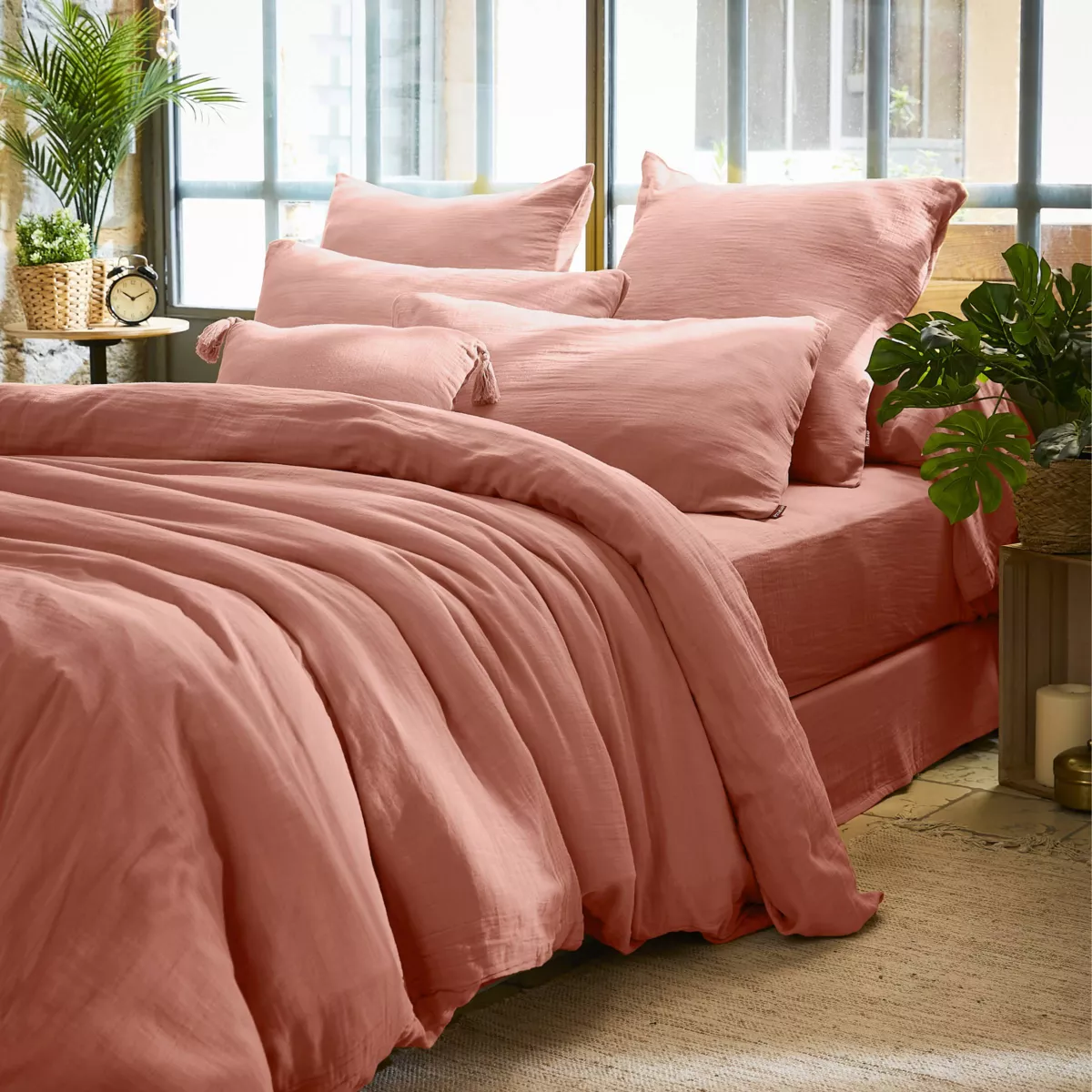 Funda para almohada rectangular en en gasa de algodón (L70 cm) Gaïa Rosa durazno