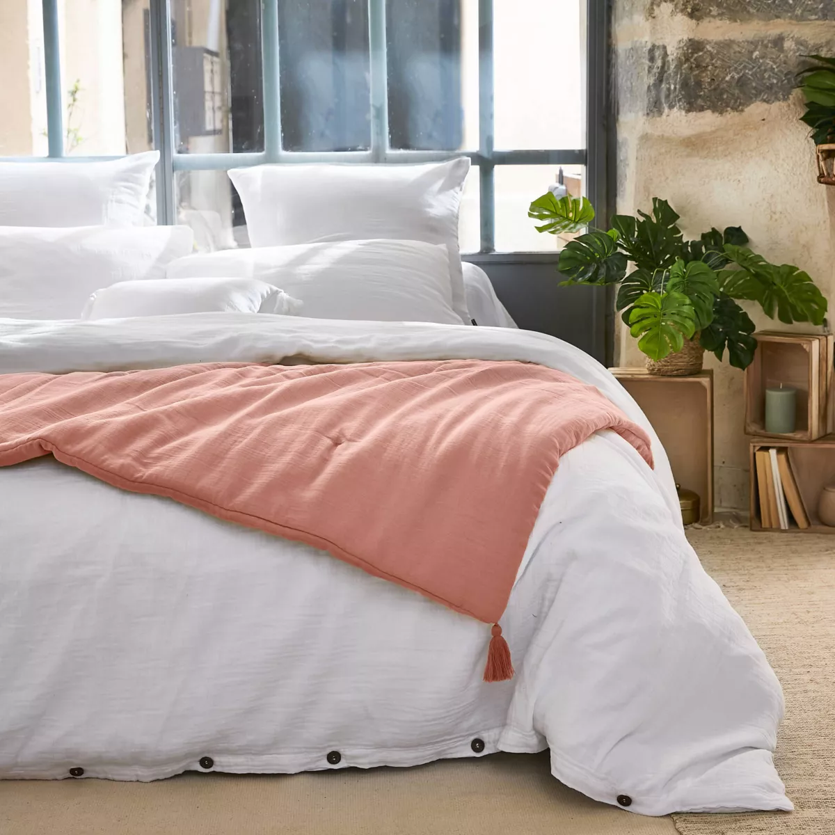 Runner letto garza di cotone (150 x 150 cm) Gaïa Rosa pesca 1