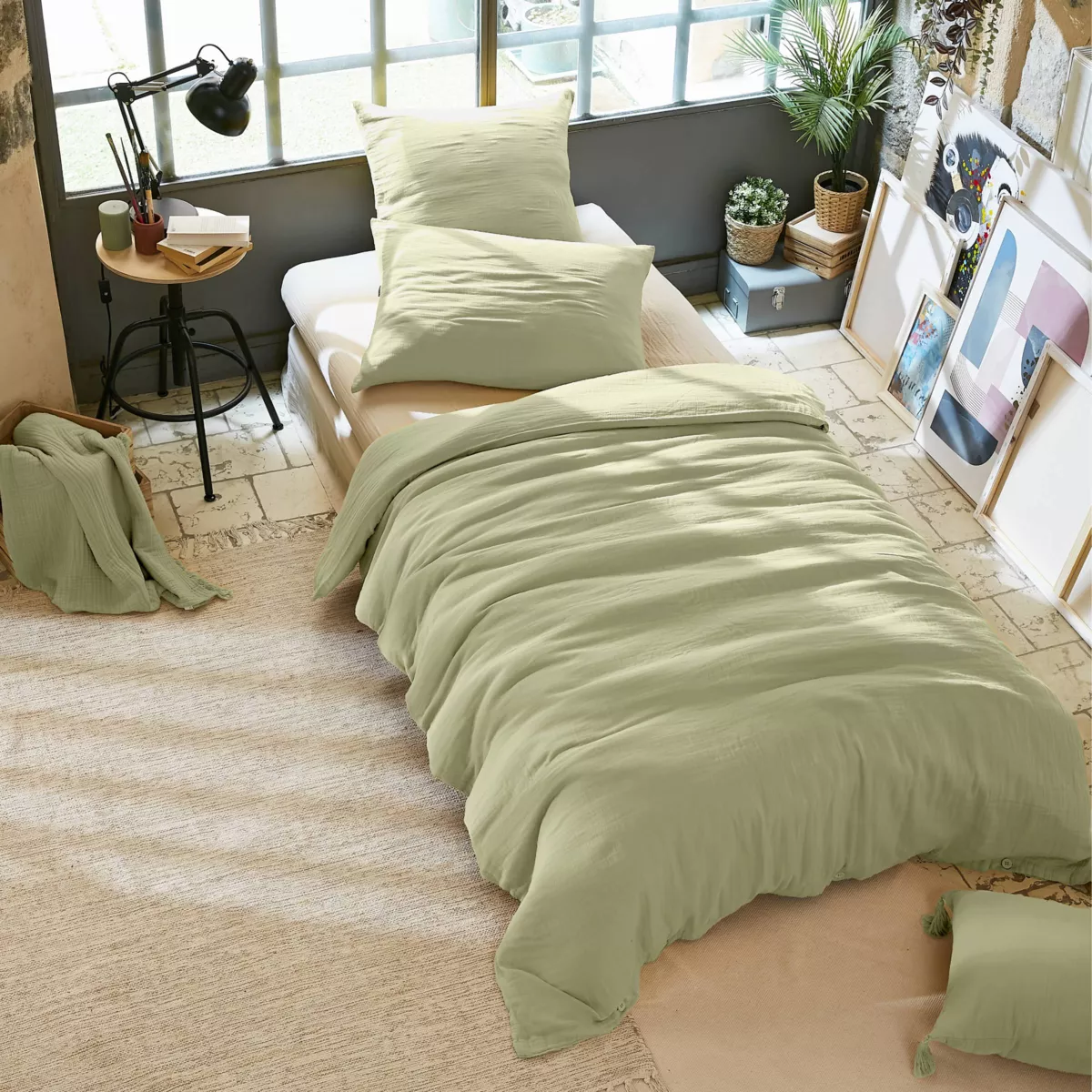 Bettbezug aus Baumwoll-Gaze (140 cm) Gaïa Lindengrün 1