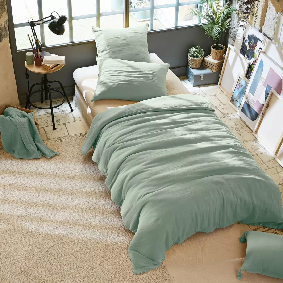 Housse de couette gaze de coton (140 x 200 cm) Gaïa Vert eucalyptus