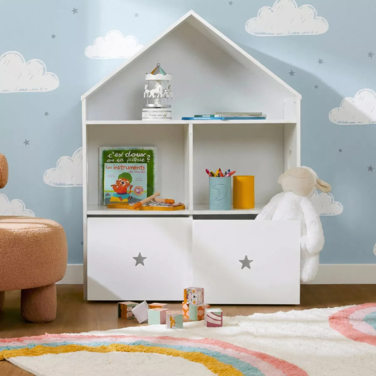 Kinderzimmerregal Holz 3 Ebenen (H97 cm) Stars Weiß