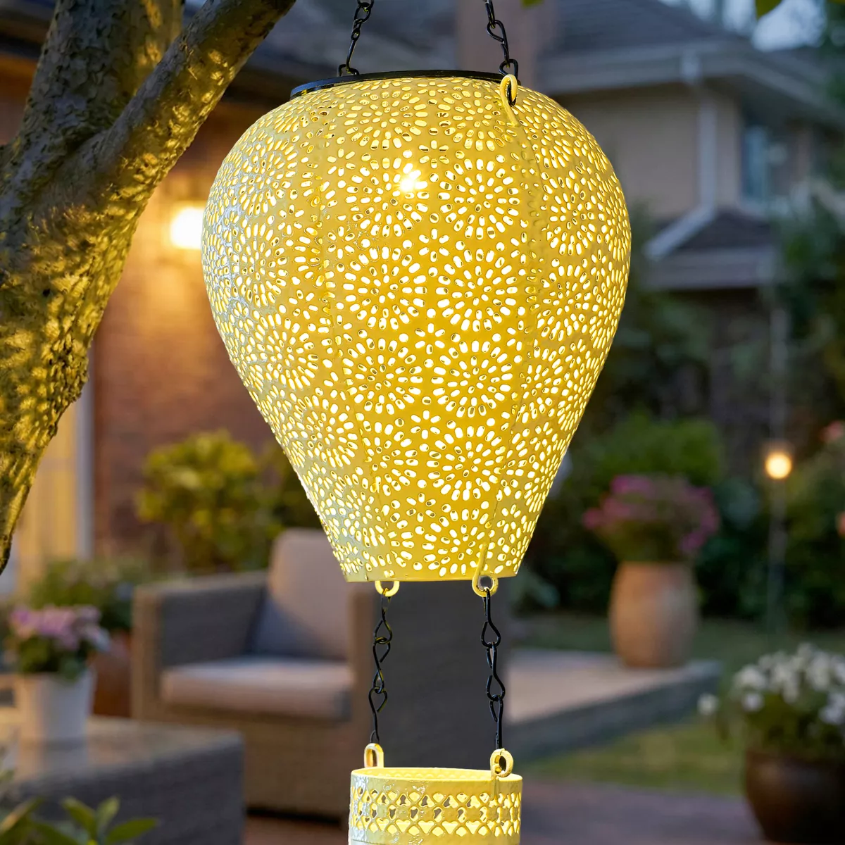 Lampada solare a sospensione per giardino LED (H56 cm) Mongolfiera Verde