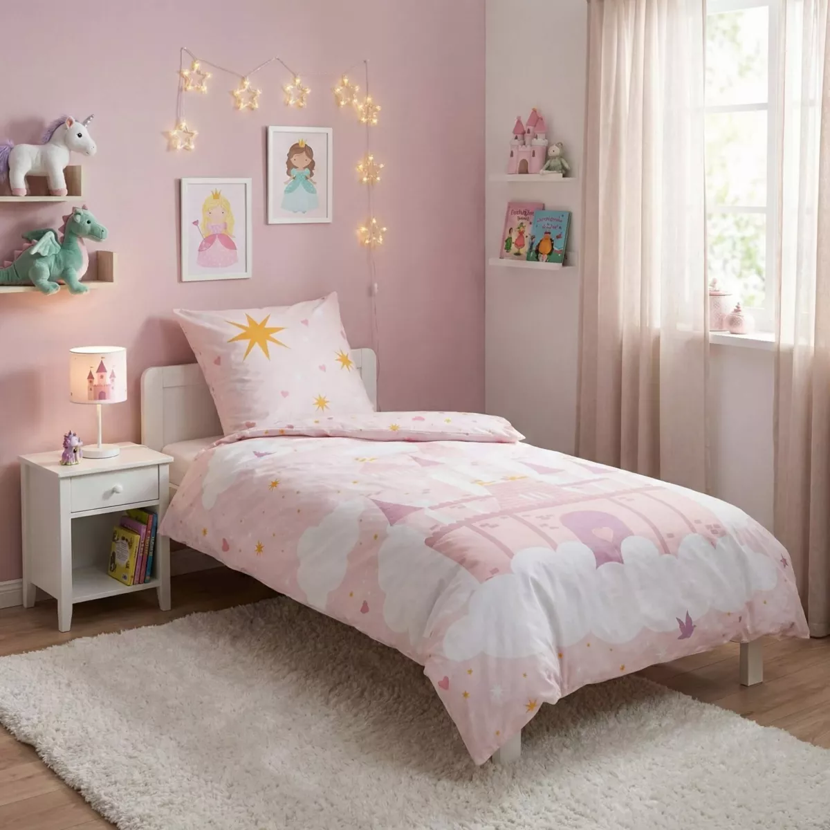 Housse de couette et une taie enfant coton (140 x 200 cm) Château Rose