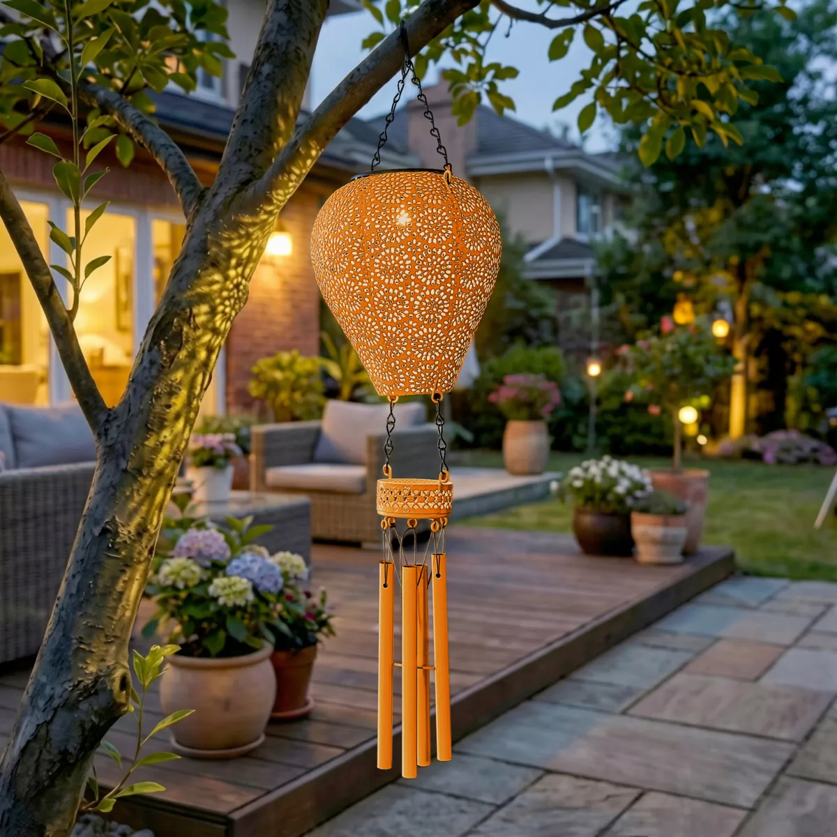 Sospensione da giardino solare LED (H56 cm) Mongolfiera Arancione