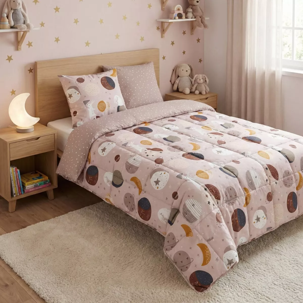 Couette imprimée enfant coton et deux taies d'oreiller (240 x 220 cm) Sky Dream Rose