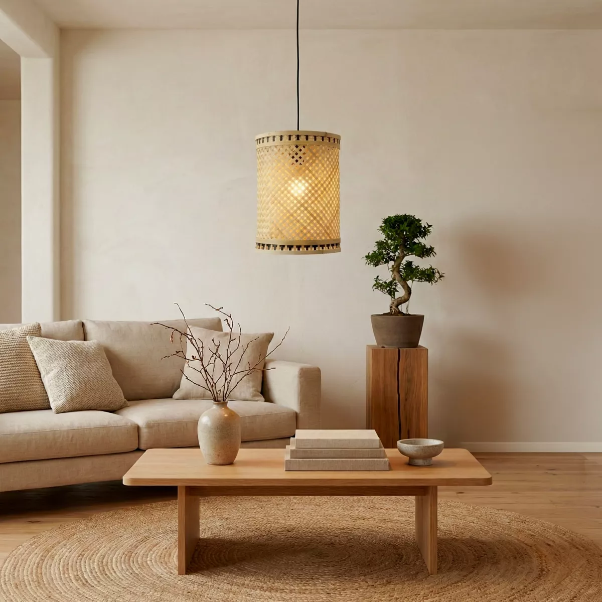 Hängelampe aus Bambus (H30 cm) Estepona Schwarz und naturfarben