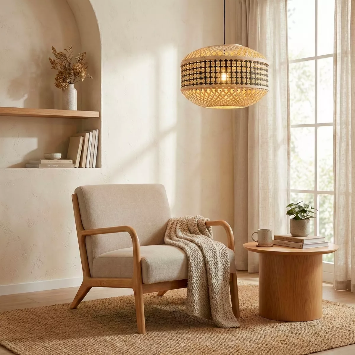 Sospensione luminosa in bambù (D45 cm) Nero e naturale