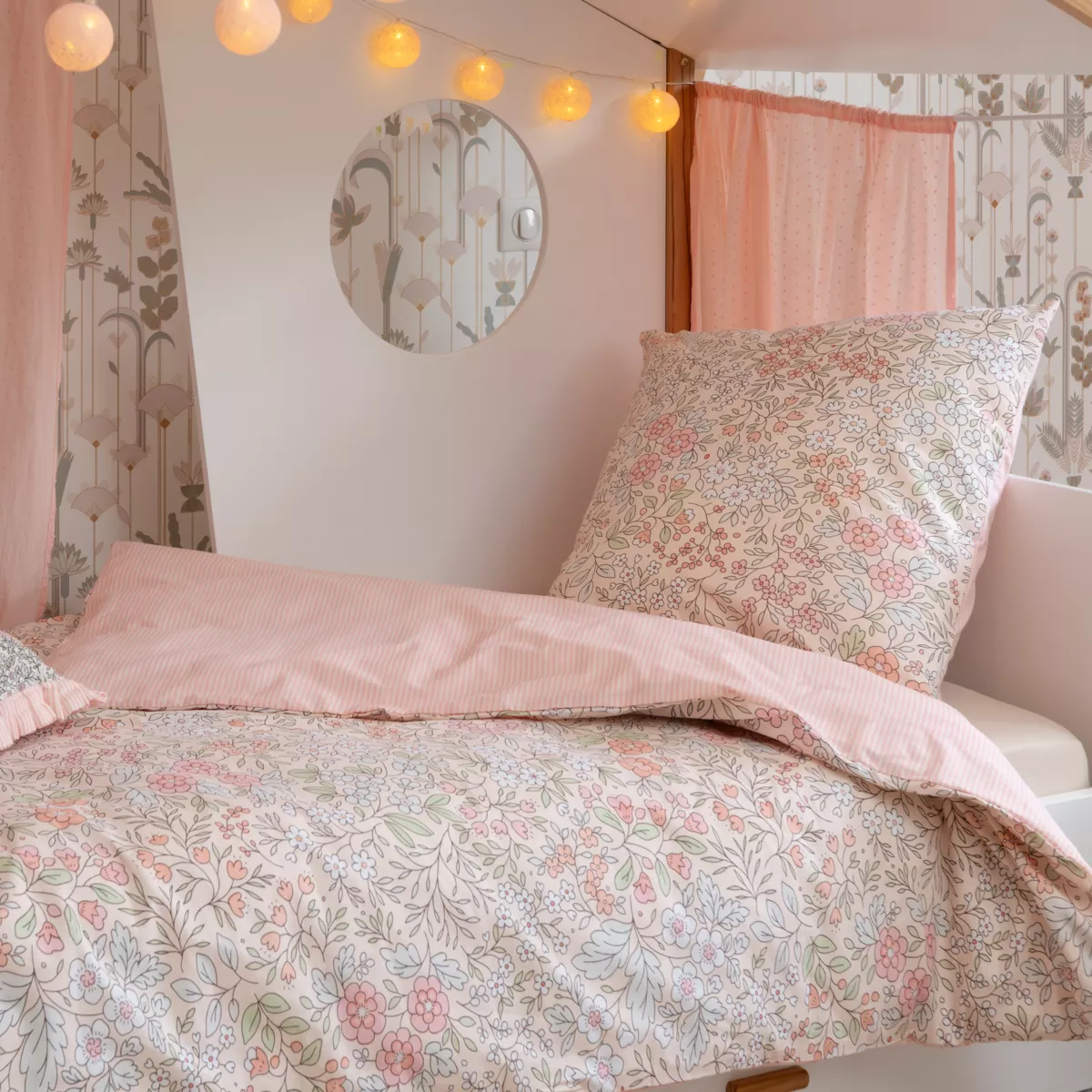 Housse de couette enfant et 1 taie d'oreiller coton (140 x 200 cm) Pimprenelle Rose