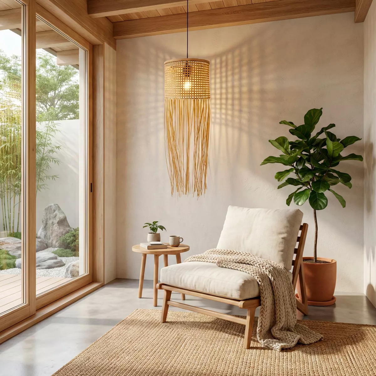 Suspension lumineuse à franges en bambou (H85 cm) Maoki Naturel