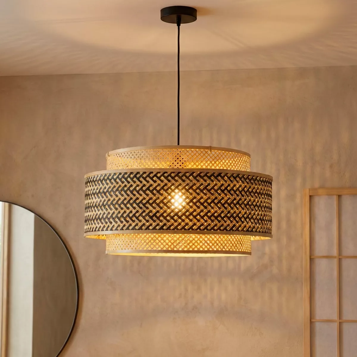 Suspension lumineuse ronde en bambou (D53 cm) Oviedo Noir et naturel