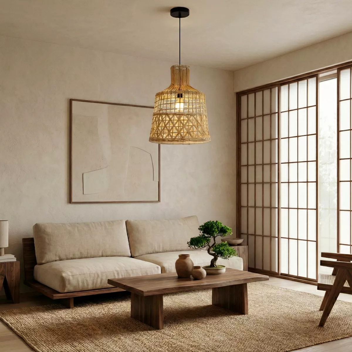 Suspension lumineuse ajourée en bambou (H50 cm) Pampelune Naturel