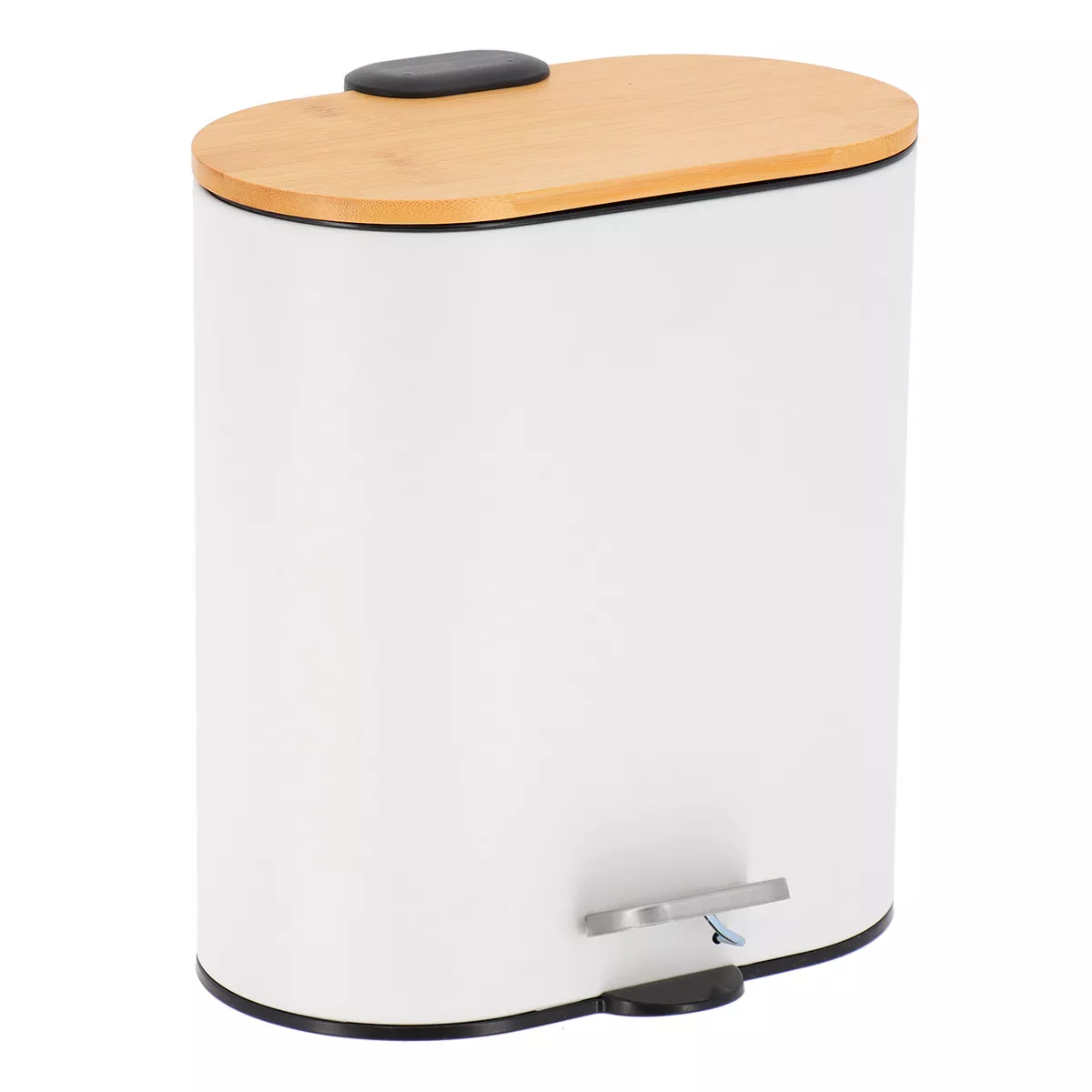 POUBELLE METAL OVALE 5 L FREIN DE CHUTE COUVERCLE BAMBOU - BLANC