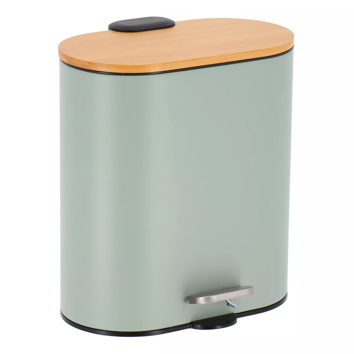 POUBELLE METAL OVALE 5 L FREIN DE CHUTE COUVERCLE BAMBOU - VERT  EUCALYPTUS