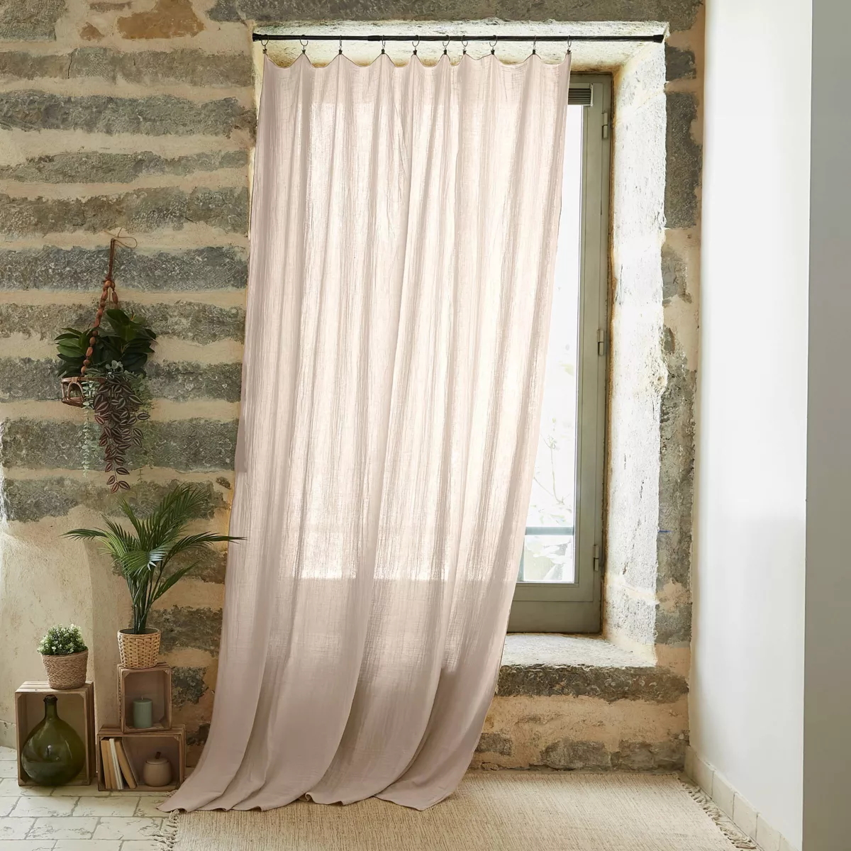 Rideau gaze de coton ajustable (180 x max 300 cm) Gaïa Beige pampa 1