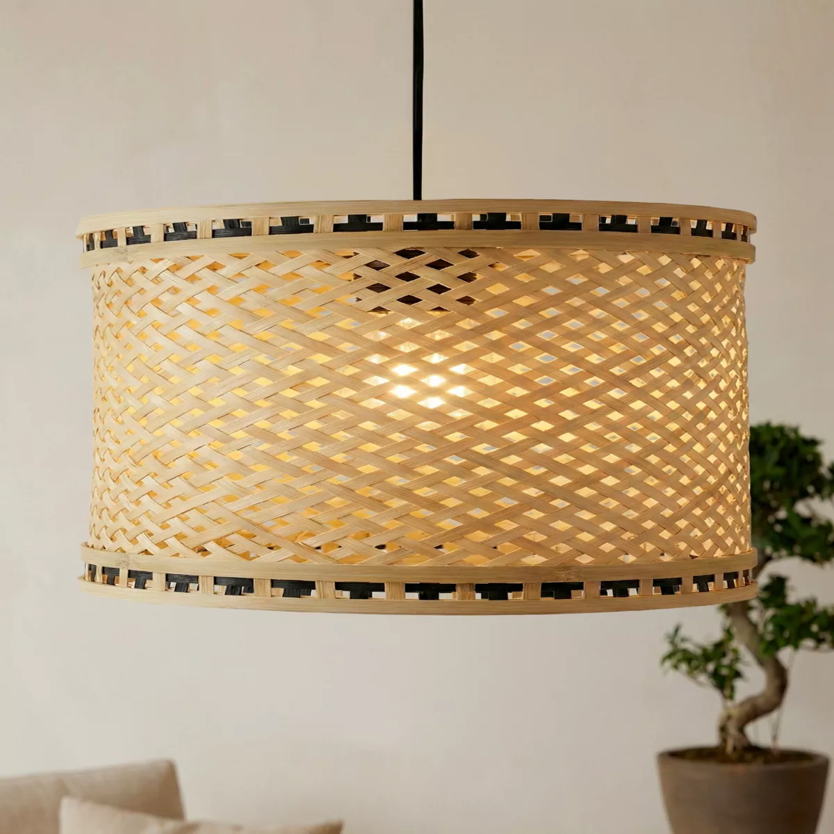 Suspension lumineuse en bambou (D40 cm) Estepona Noir et naturel