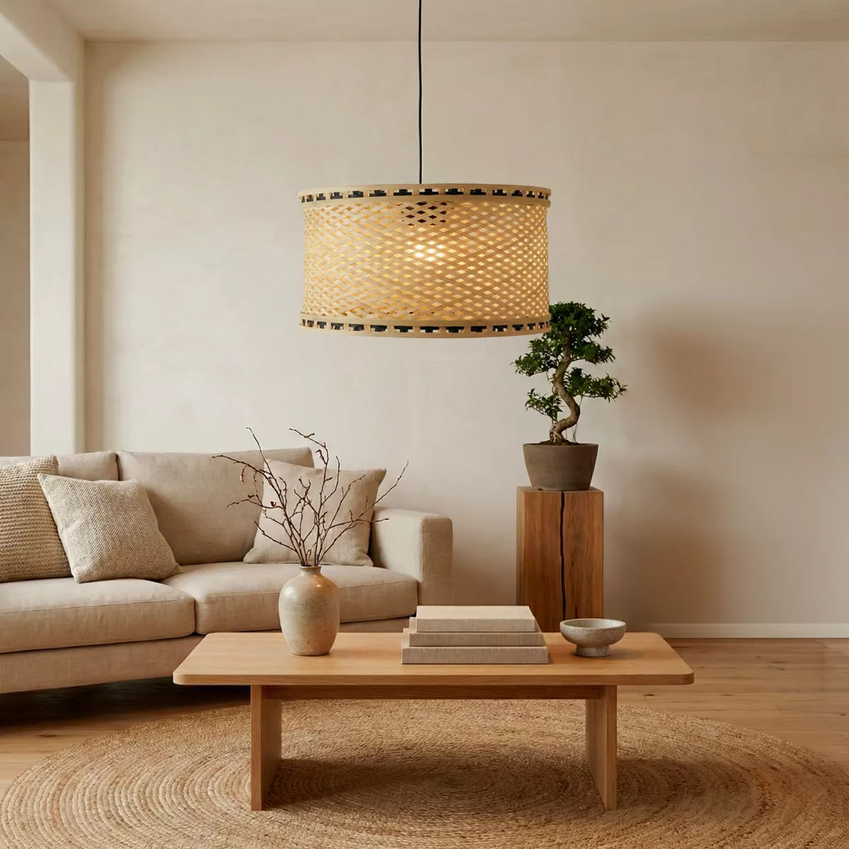 Suspension lumineuse en bambou (D40 cm) Estepona Noir et naturel