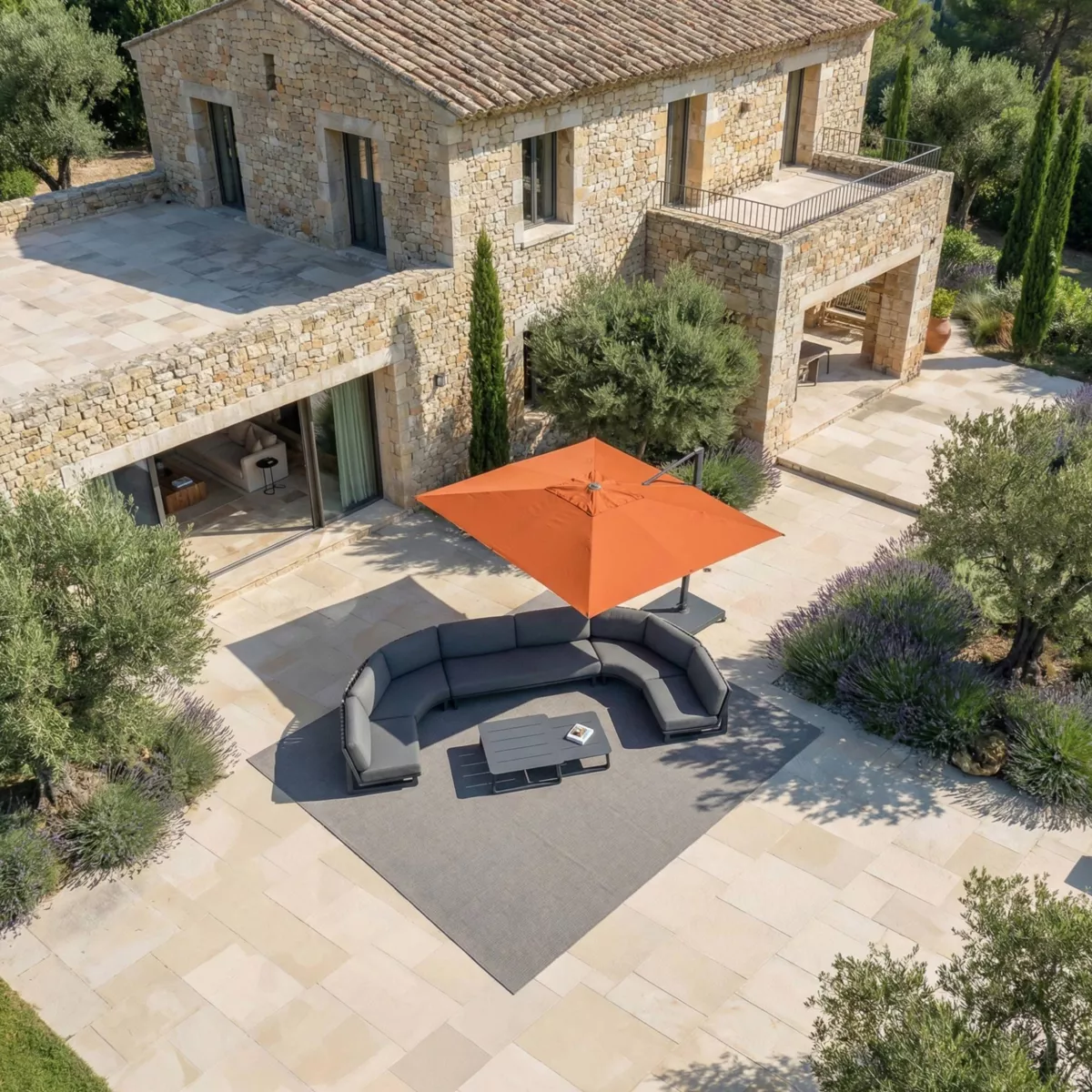 Ombrellone sporgente quadrato in alluminio con base (3 x 3 m) Elyra Antracite e Terracotta
