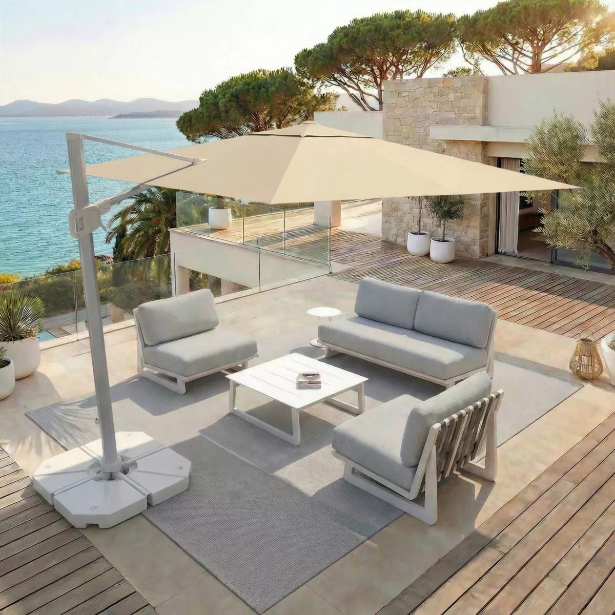 Parasol déporté carré aluminium avec pied (3 x 3 m) Elyra Blanc et Beige
