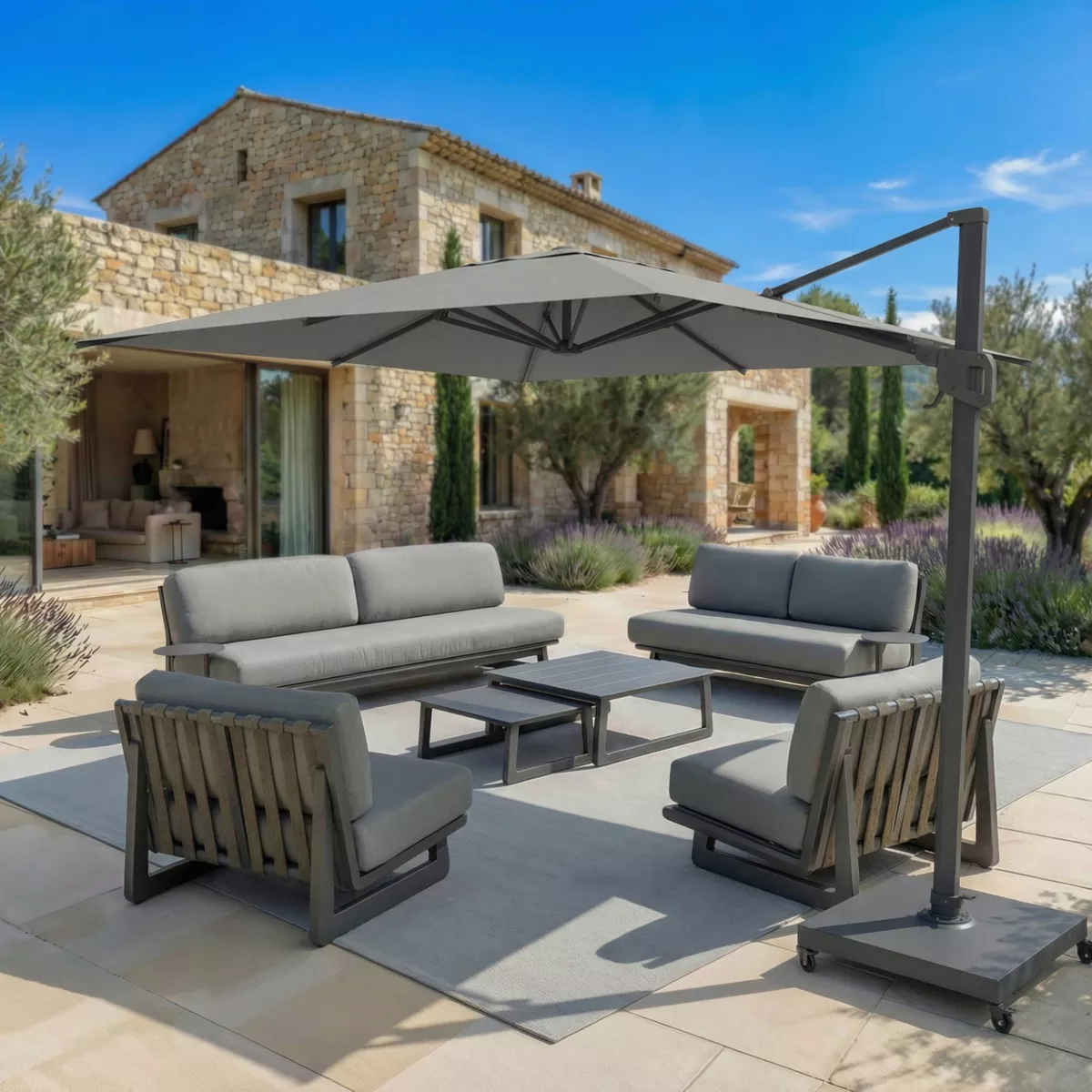 Parasol déporté carré aluminium avec socle (3 x 3 m) Elyra Anthracite et Gris