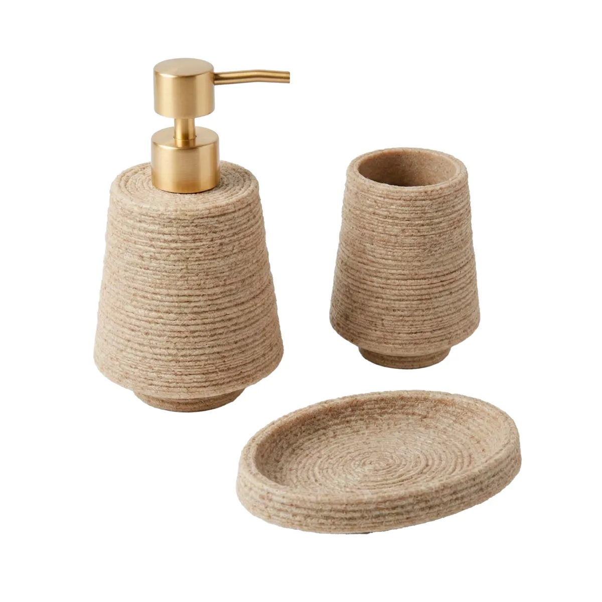 Set bicchiere distributore e porta sapone in poliresina effetto sabbia Lina Beige