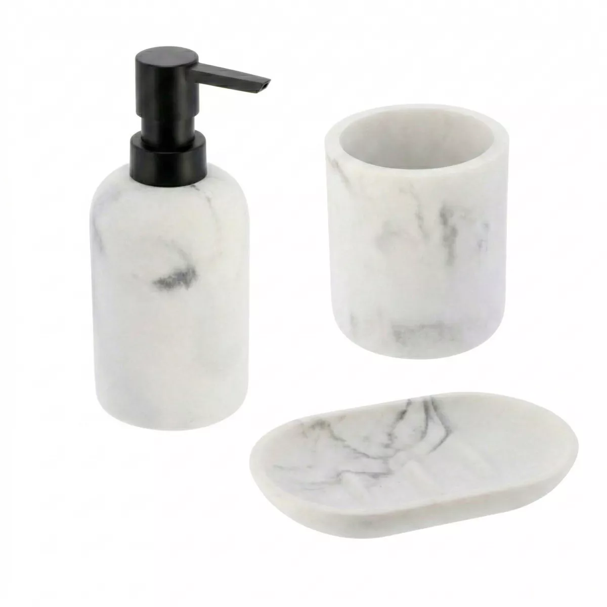 SET GOBELET DISTRIBUTEUR A SAVON ET PORTE SAVON POLYRESINE - MARBRE BLANC
