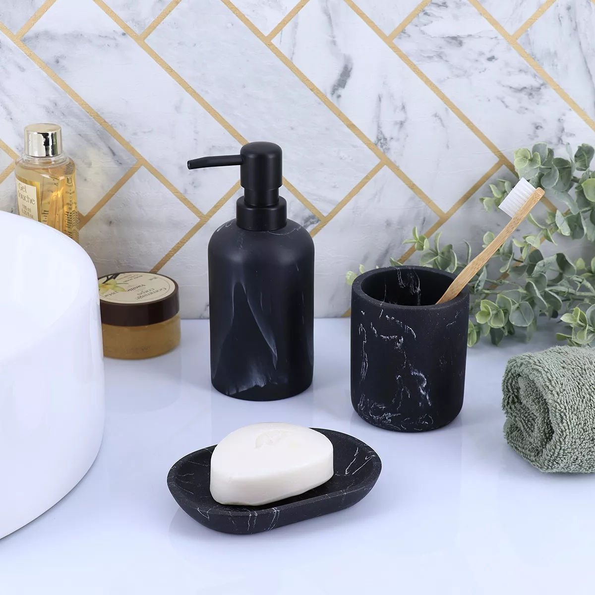 SET GOBELET DISTRIBUTEUR A SAVON ET PORTE SAVON POLYRESINE - MARBRE NOIR