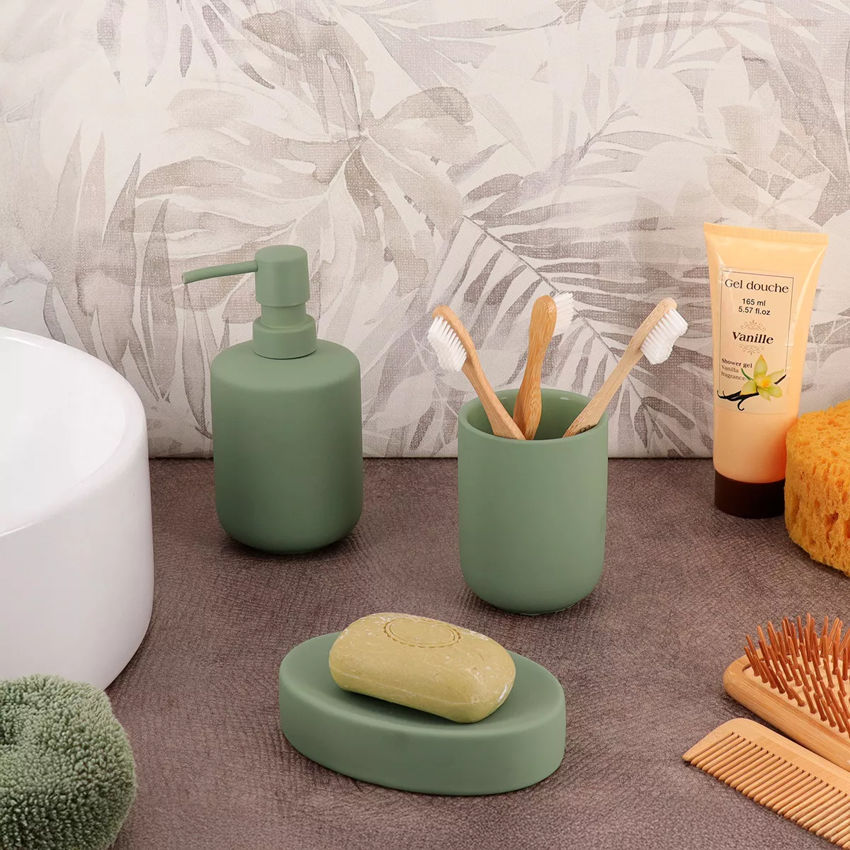 SET GOBELET DISTRIBUTEUR A SAVON ET PORTE SAVON GRES EFFET RUBBER - KAKI