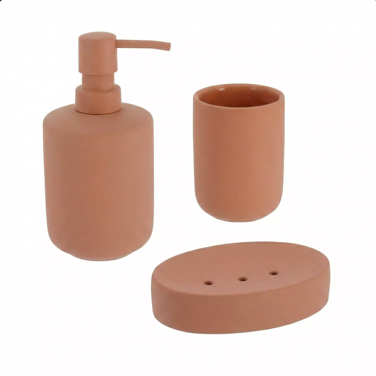 Set bicchiere, portasapone e dispenser in grès Timeless Cappuccino