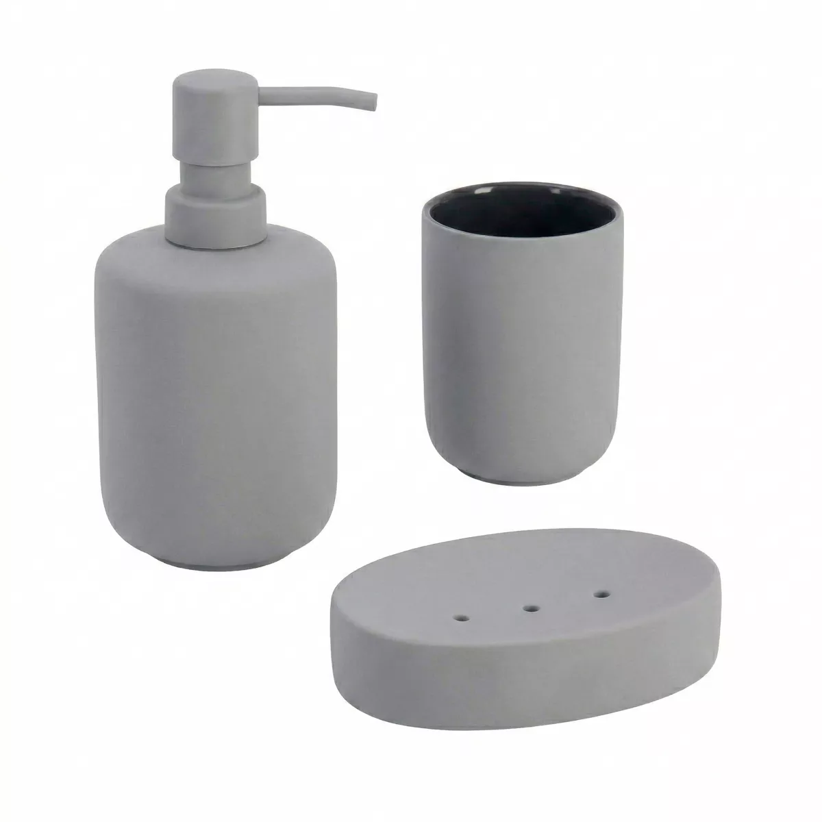 Set bicchiere portasapone e distributore in grès Timeless Grigio