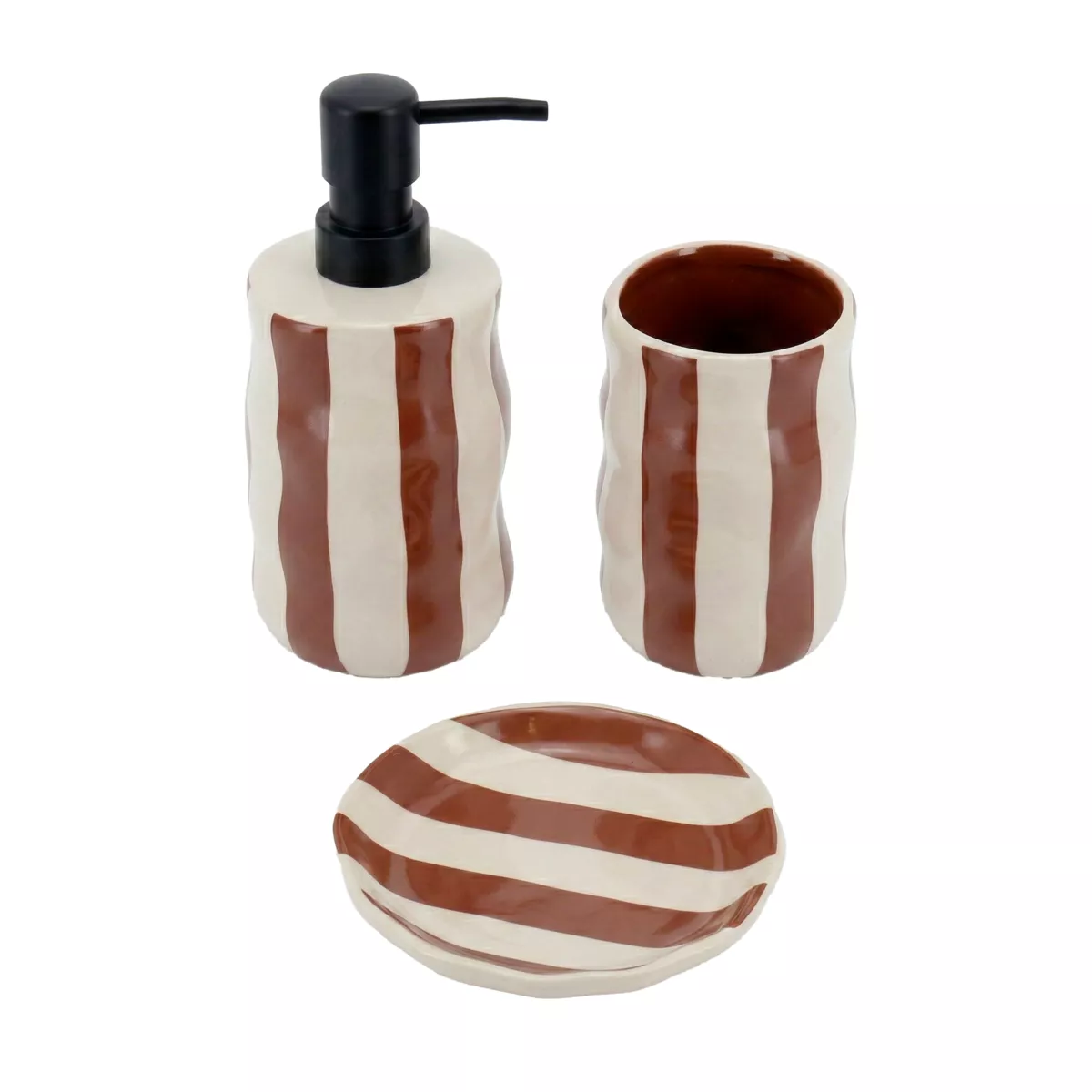 SET GOBELET DISTRIBUTEUR A SAVON ET PORTE SAVON GRES RAYE - MOCHA