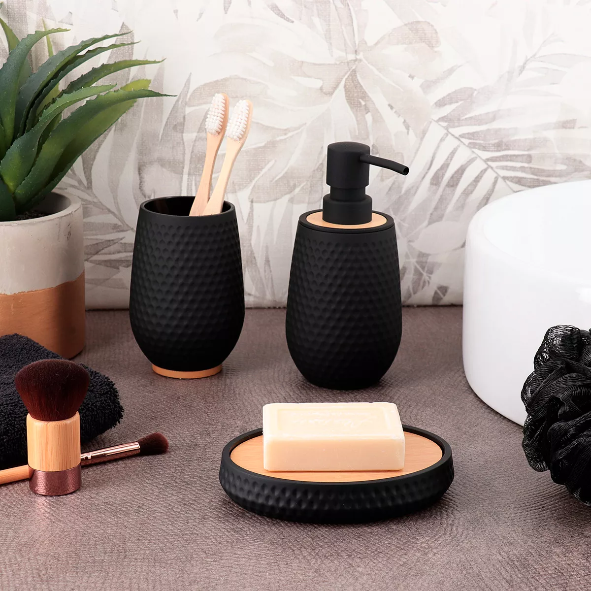 Set bicchiere distributore e porta sapone effetto nido d'ape Bania Nero