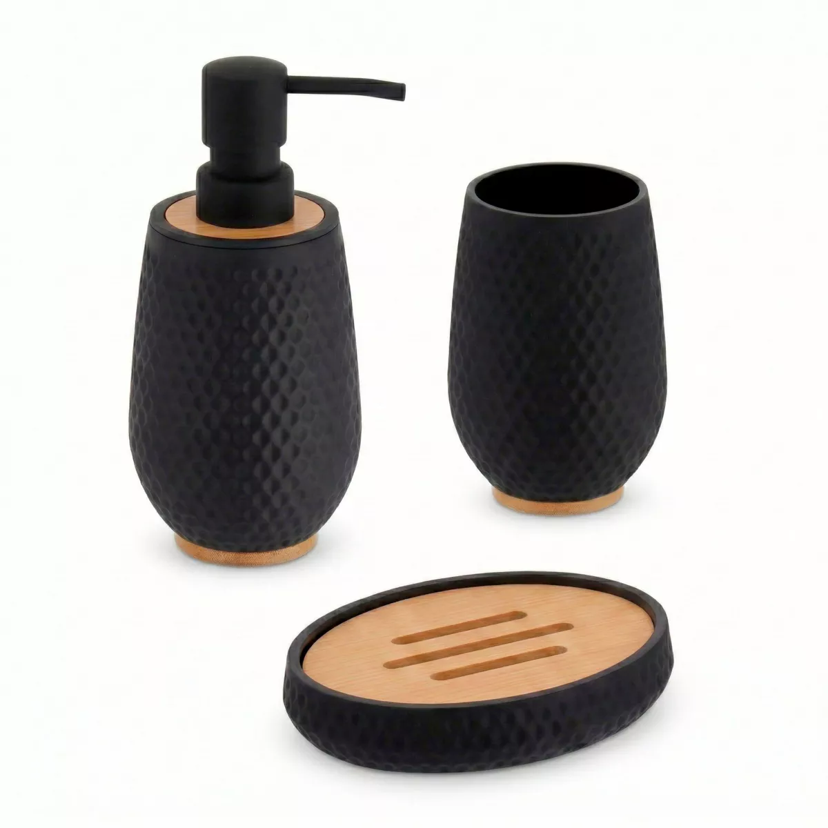 Set bicchiere distributore e porta sapone effetto nido d'ape Bania Nero