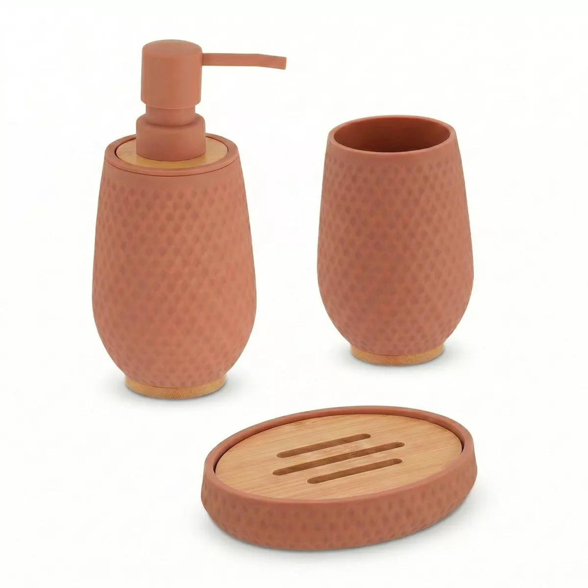 SET GOBELET DISTRIBUTEUR A SAVON ET PORTE SAVON ABS/AS EFFET  RUBBER ET BAMBOU - CAPPUCCINO