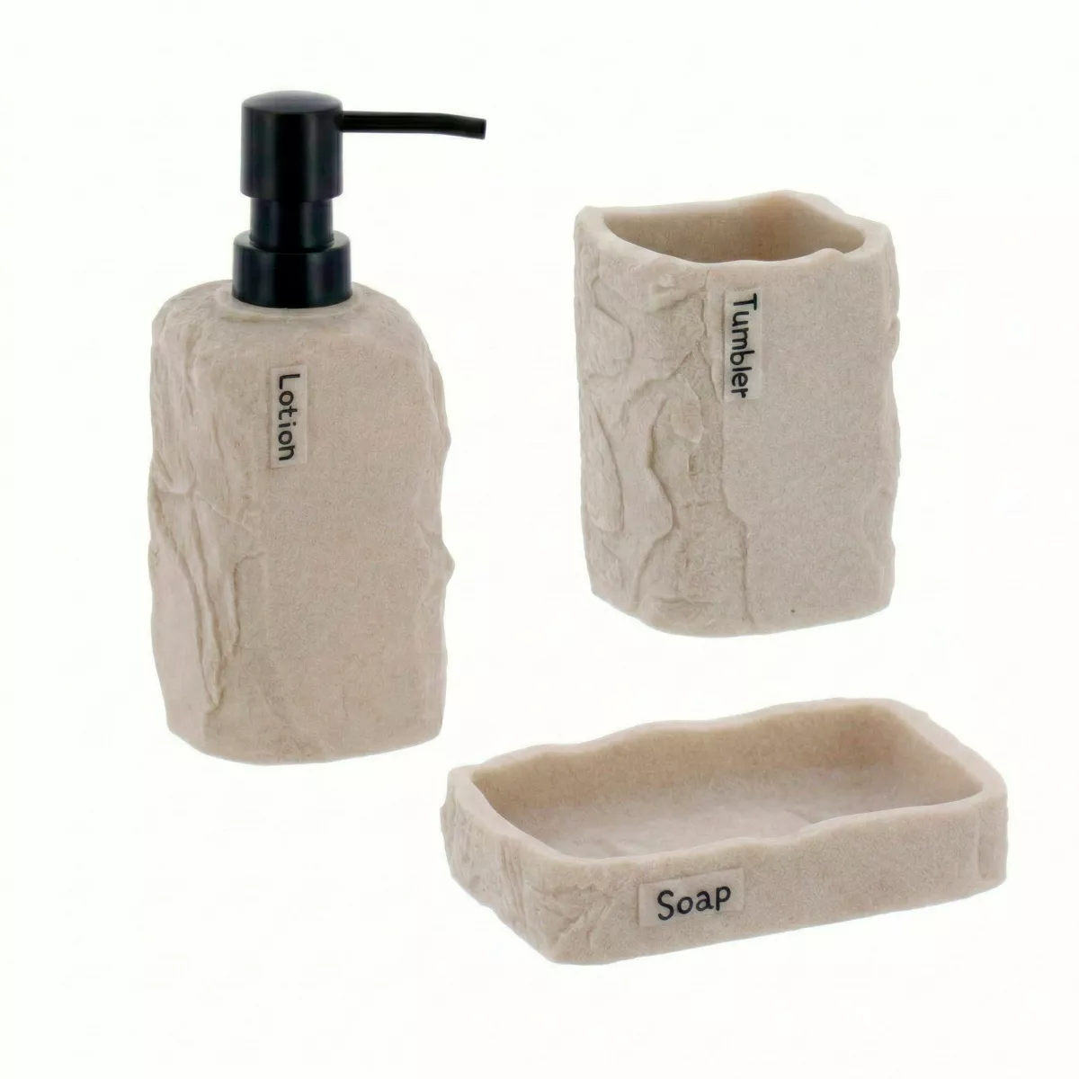 SET GOBELET DISTRIBUTEUR A SAVON ET PORTE SAVON POLYRESINE CARRE EFFET PIERRE - NATUREL