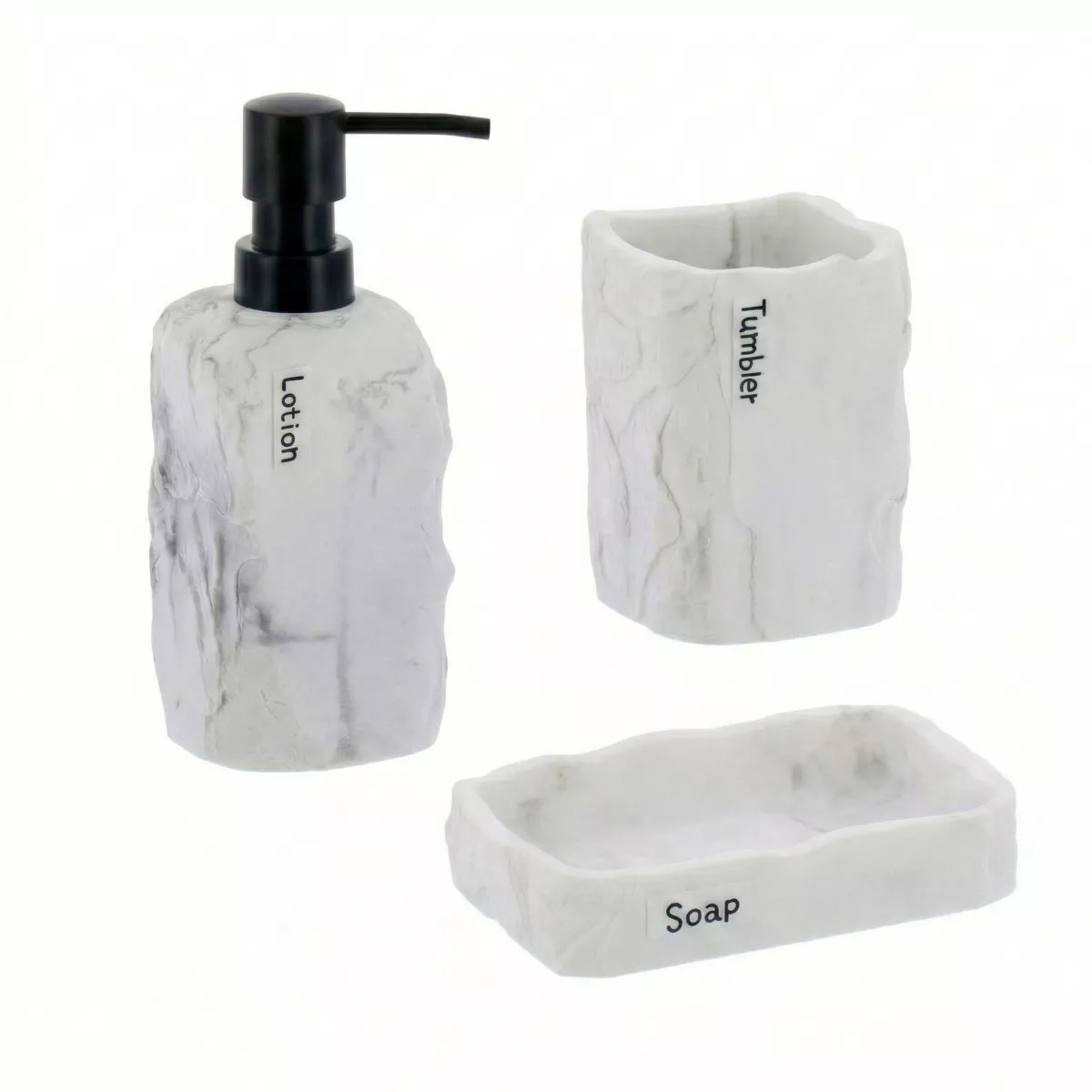 Set bicchiere, portasapone e distributore di sapone in poliresina effetto marmo Paola Grigio