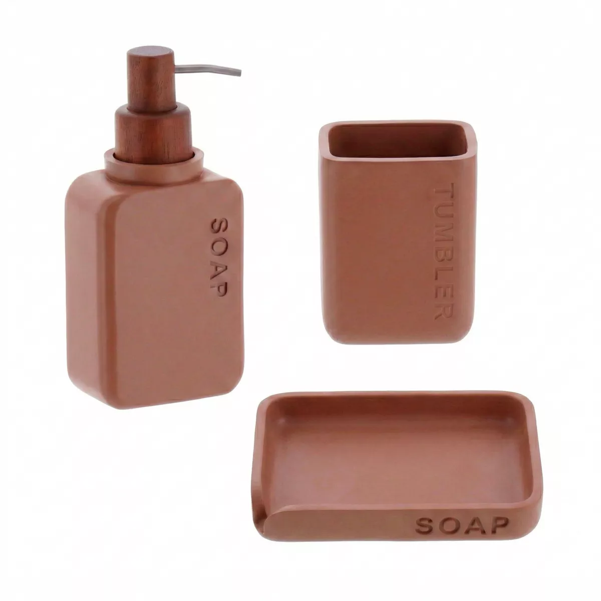 SET GOBELET DISTRIBUTEUR A SAVON ET PORTE SAVON POLYRESINE GRAVEE-MOCHA