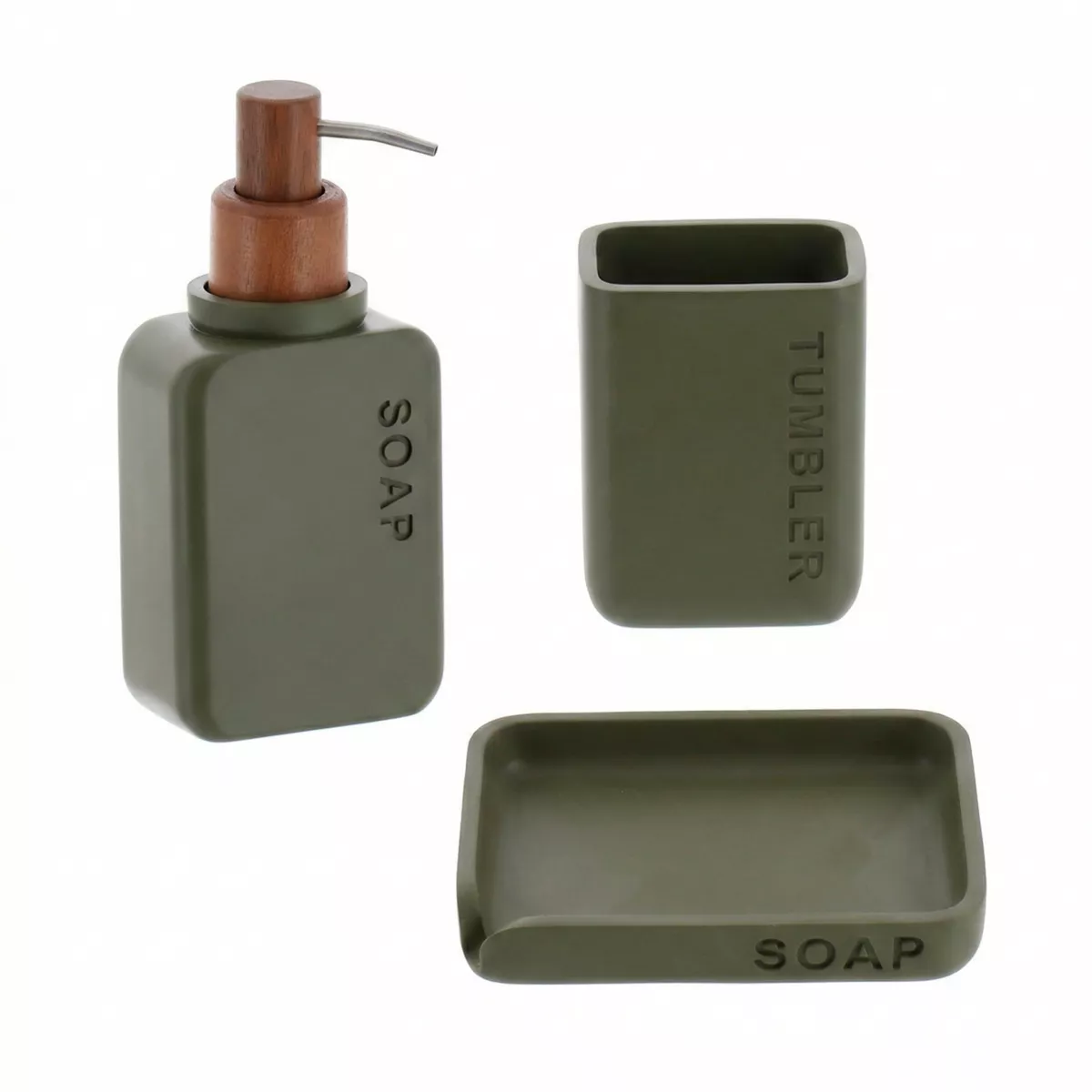 SET GOBELET DISTRIBUTEUR A SAVON ET PORTE SAVON POLYRESINE GRAVE - VERT OLIVE V2