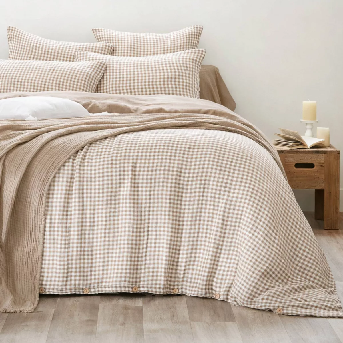 EM - Housse de couette rŽversible 140 x 200 cm Gaze de coton tissŽe teinte GAìA VICHY Ficelle