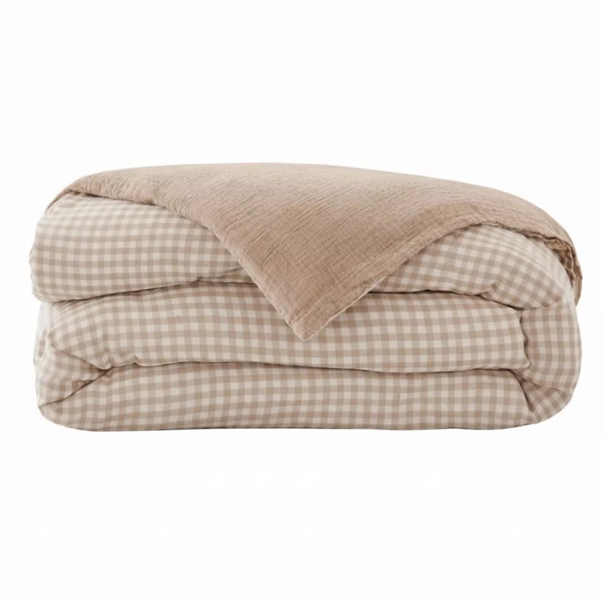 EM - Housse de couette rŽversible 260 x 240 cm Gaze de coton tissŽe teinte GAìA VICHY Ficelle