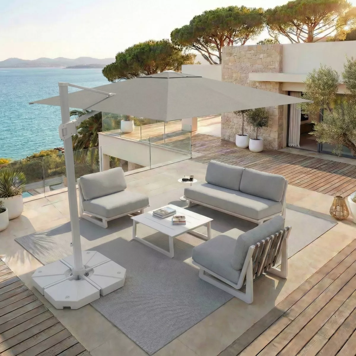 Ombrellone sporgente rettangolare in alluminio con base (3 x 4 m) Elyra Bianco e Grigio