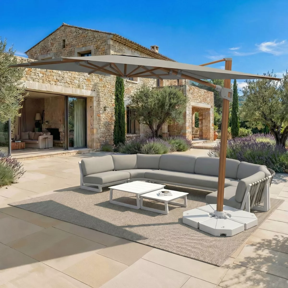 Ombrellone sporgente rettangolare in alluminio con base (3 x 4 m) Elyra effetto legno e Grigio