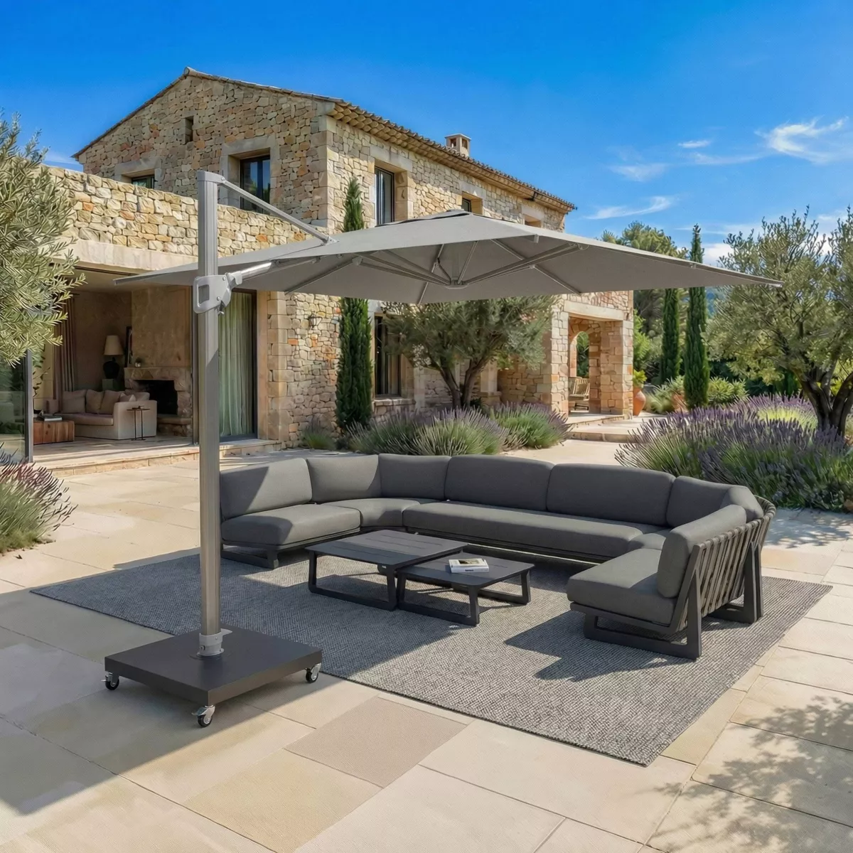 Ombrellone sporgente rettangolare in alluminio con base (3 x 4 m) Elyra Metallico lucido e Grigio