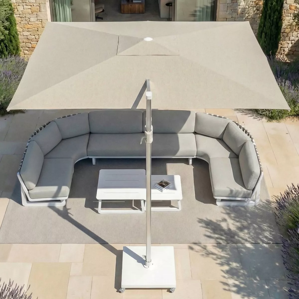 Ombrellone sporgente rettangolare in alluminio con base (3 x 4 m) Elyra Metallico lucido e Beige