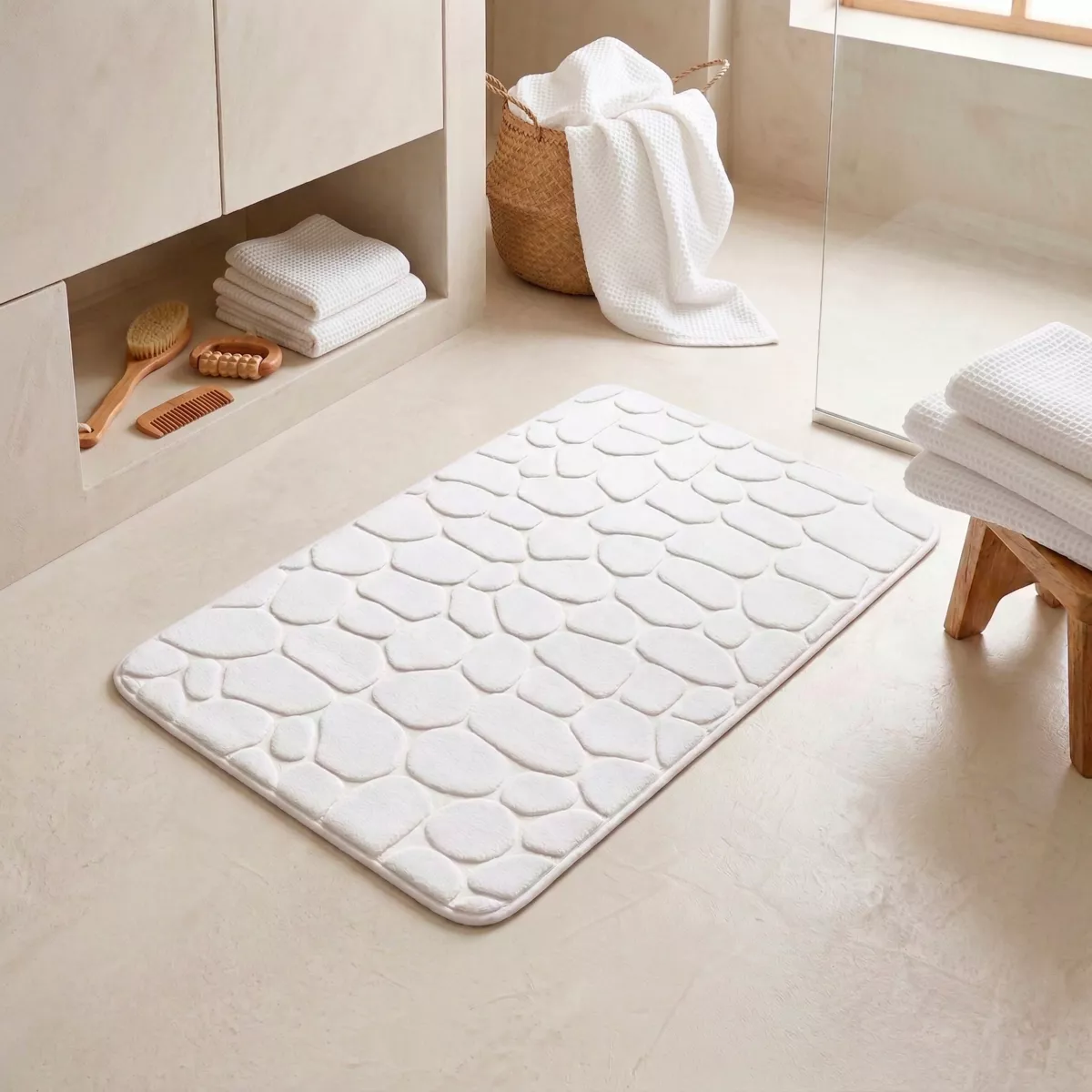 TAPIS MEMOIRE DE FORME MICROFIBRE GALET 50X80CM - BLANC